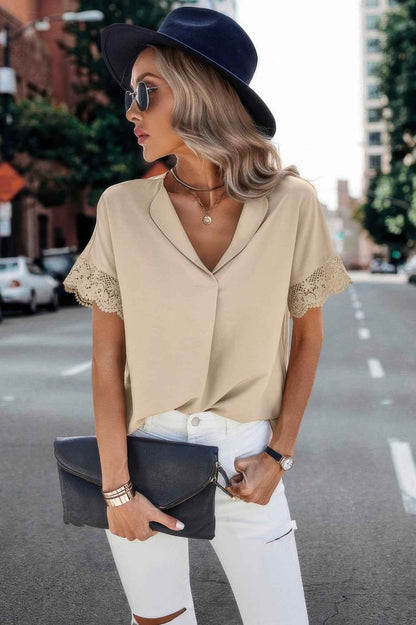 Color Block Lace Sleeve V Neck Solid Loose Fit Blouse