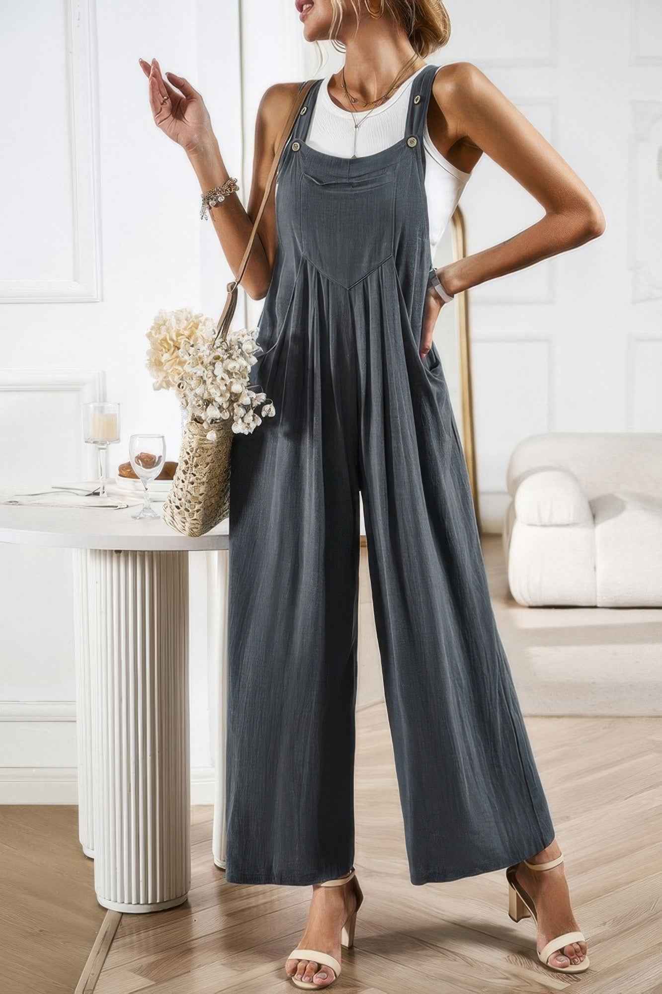 Solid Wide Leg Pocketed Shoulder Tie Overalls