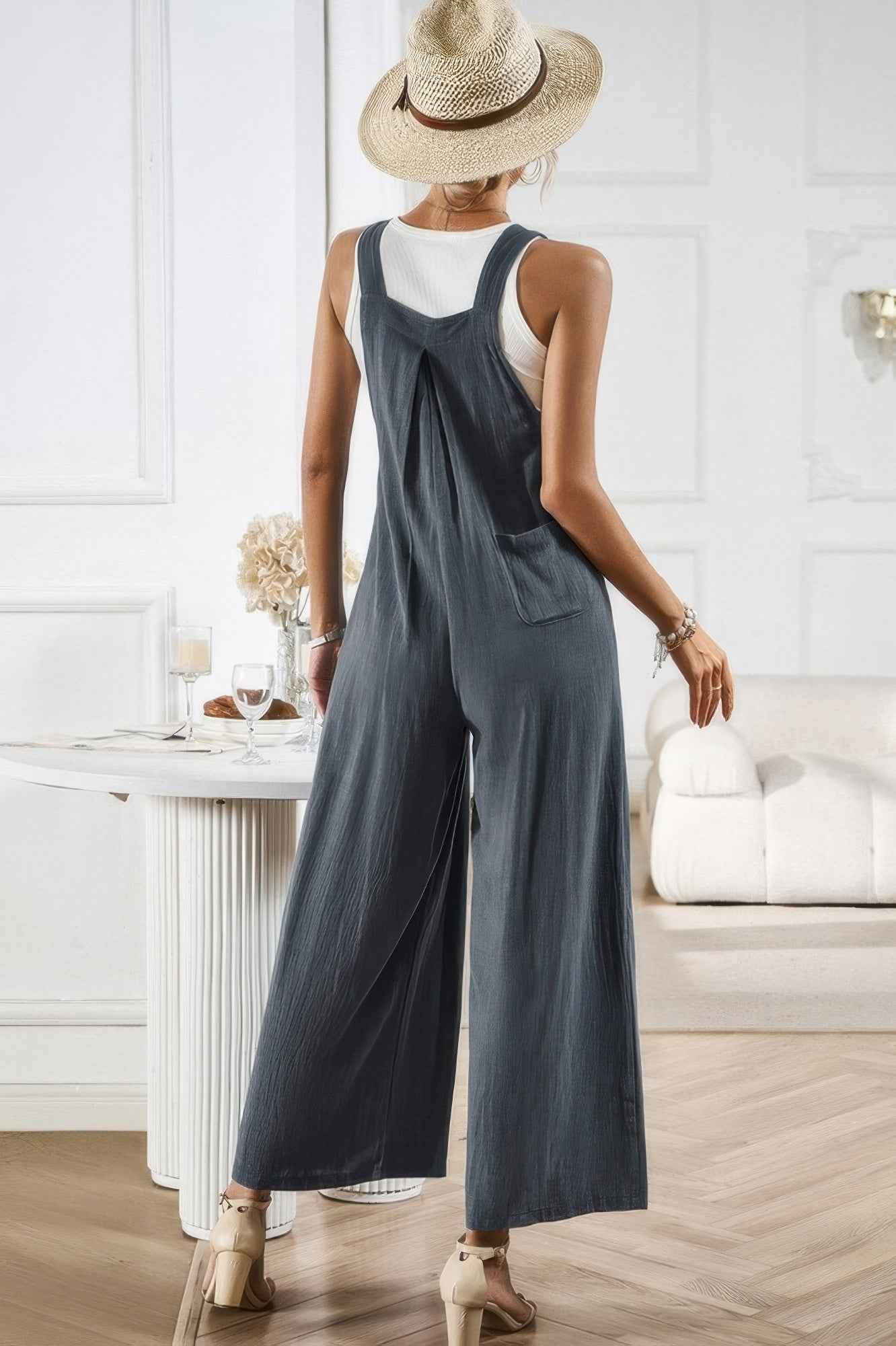 Solid Wide Leg Pocketed Shoulder Tie Overalls