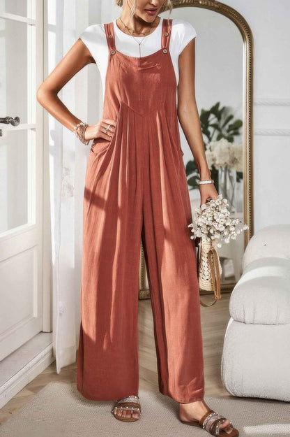 Solid Wide Leg Pocketed Shoulder Tie Overalls
