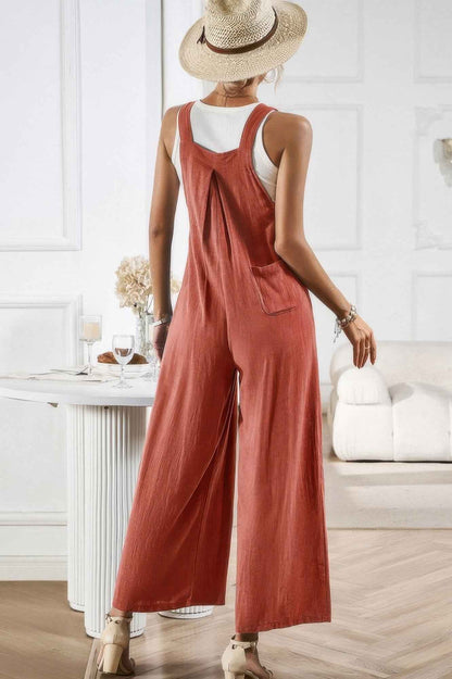 Solid Wide Leg Pocketed Shoulder Tie Overalls