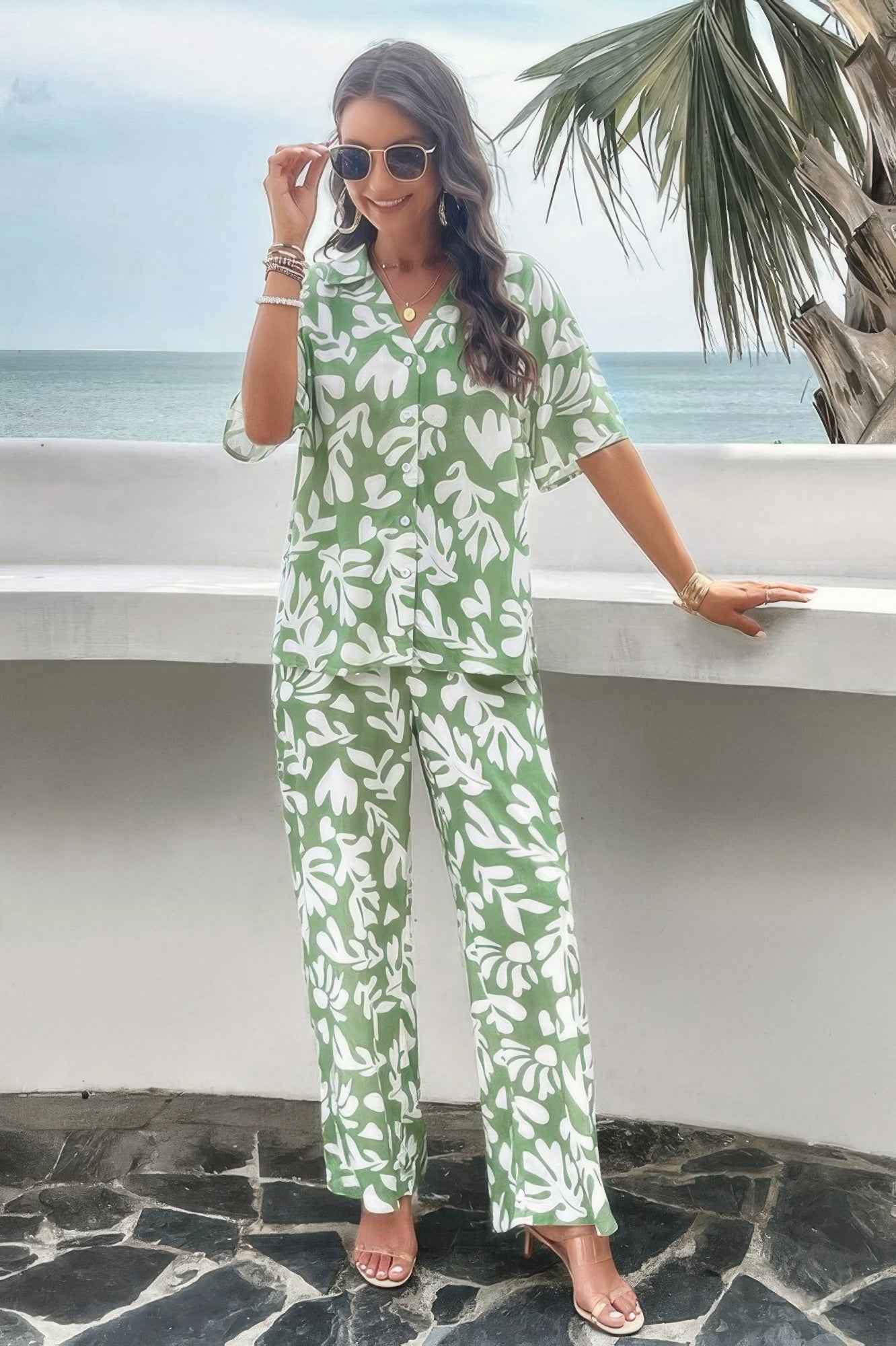 Print Front Button Two Pieces Blouse Sets