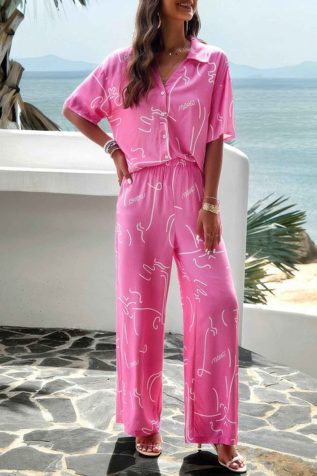 Print Front Button Two Pieces Blouse Sets