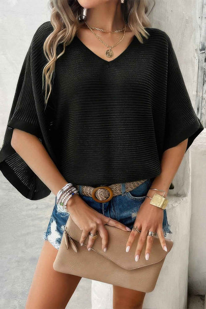 Solid V Neck Knit Loose Fit Bat Sleeves Top