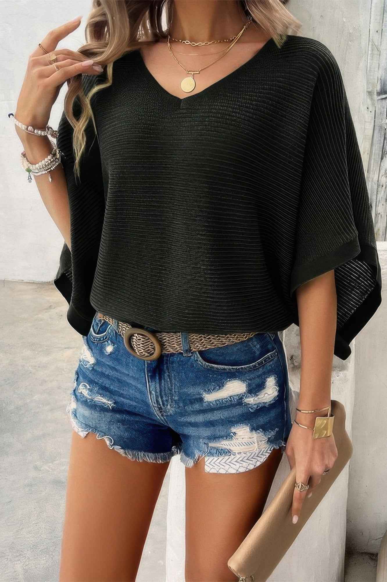Solid V Neck Knit Loose Fit Bat Sleeves Top