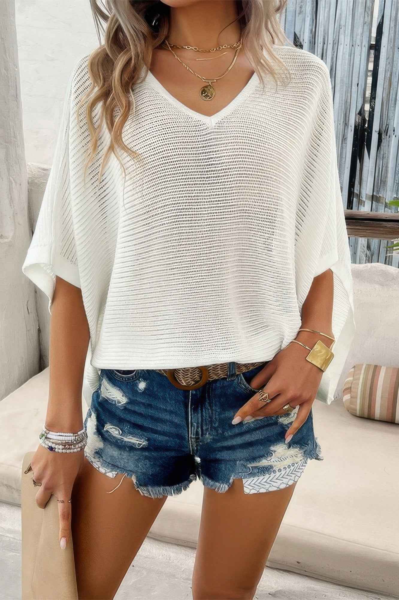 Solid V Neck Knit Loose Fit Bat Sleeves Top