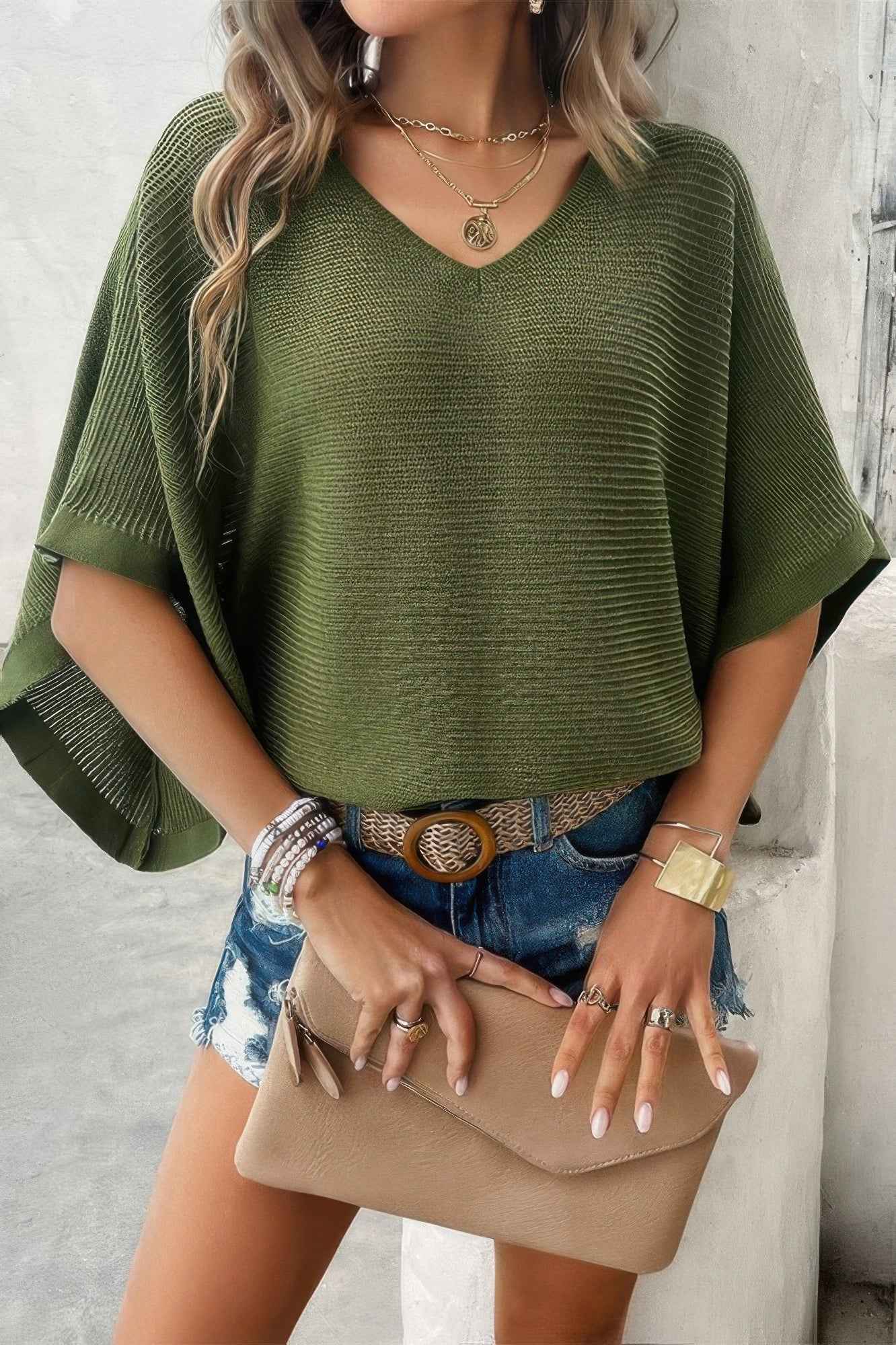 Solid V Neck Knit Loose Fit Bat Sleeves Top