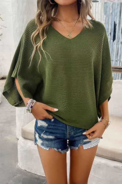 Solid V Neck Knit Loose Fit Bat Sleeves Top