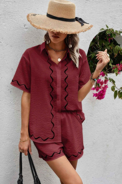 Two Piece Button Down Short Sleeve Outfits Sets