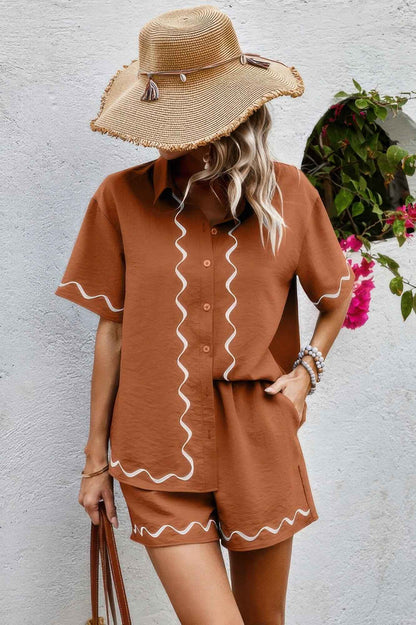 Two Piece Button Down Short Sleeve Outfits Sets