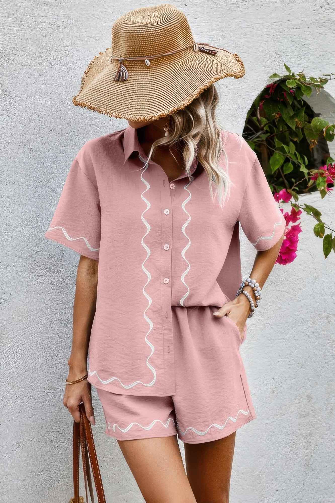 Two Piece Button Down Short Sleeve Outfits Sets