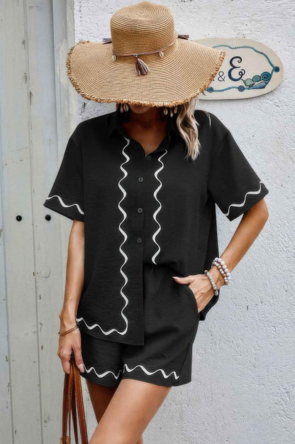 Two Piece Button Down Short Sleeve Outfits Sets