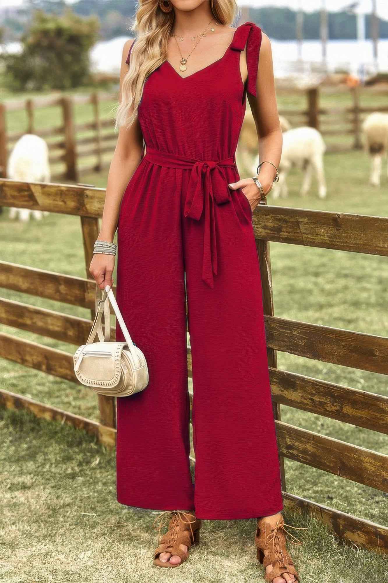 Solid V Neck Knot Shoulder Sleeveless Ruched Belt