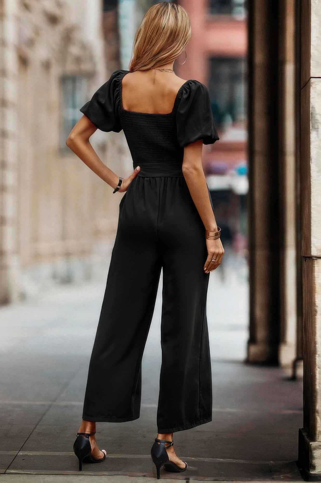 Solid Fit Square Neck Smocked Jumpsuit