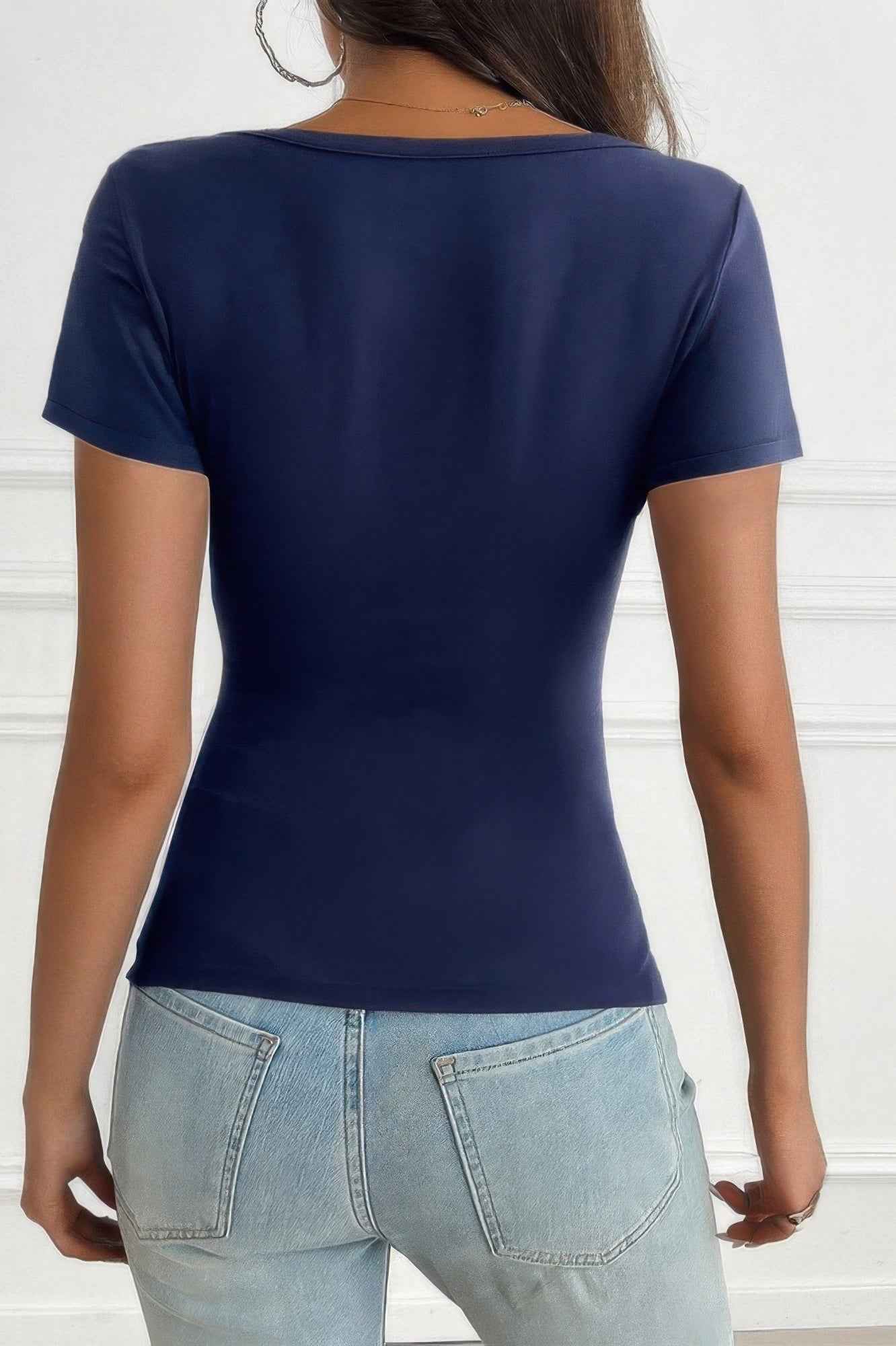 V Neck Solid Lace Splicing Button Fitted Shirt