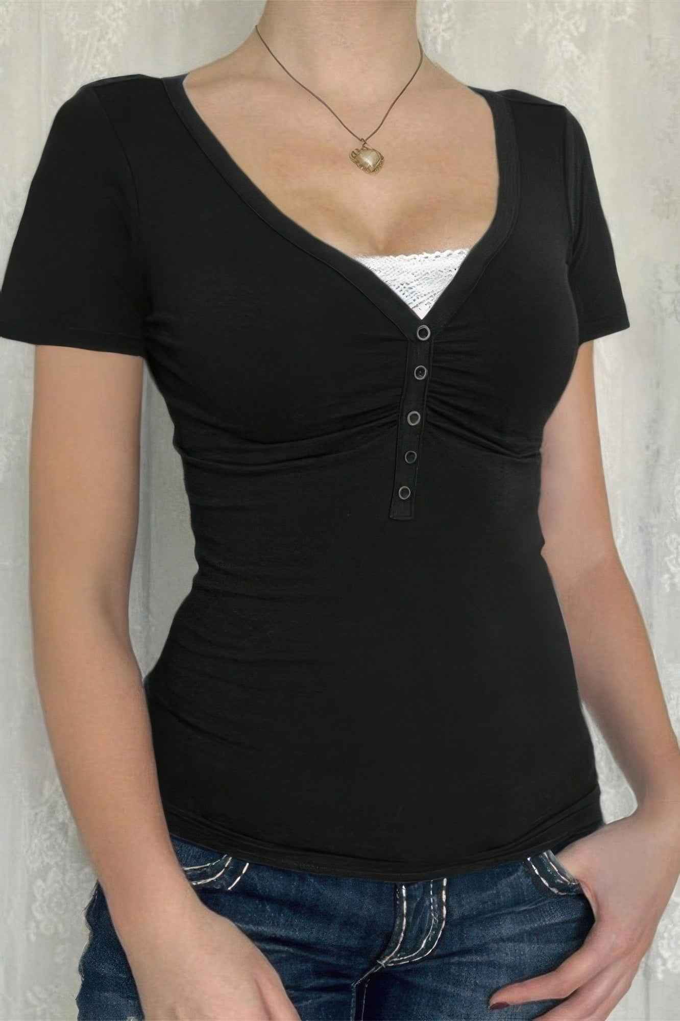 V Neck Solid Lace Splicing Button Fitted Shirt