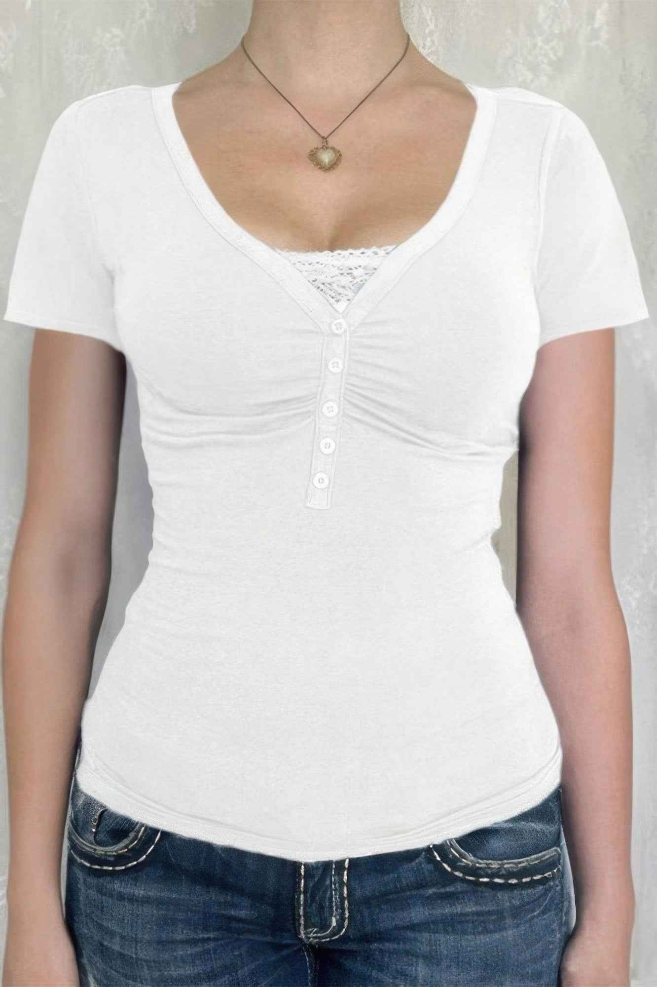 V Neck Solid Lace Splicing Button Fitted Shirt