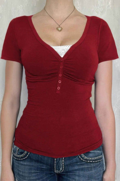 V Neck Solid Lace Splicing Button Fitted Shirt