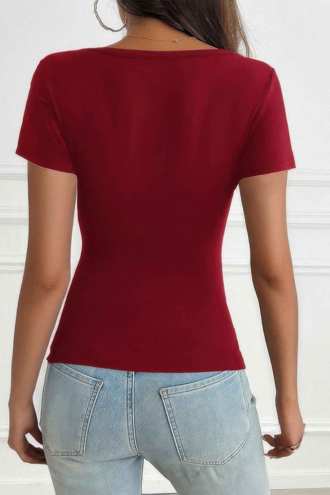 V Neck Solid Lace Splicing Button Fitted Shirt