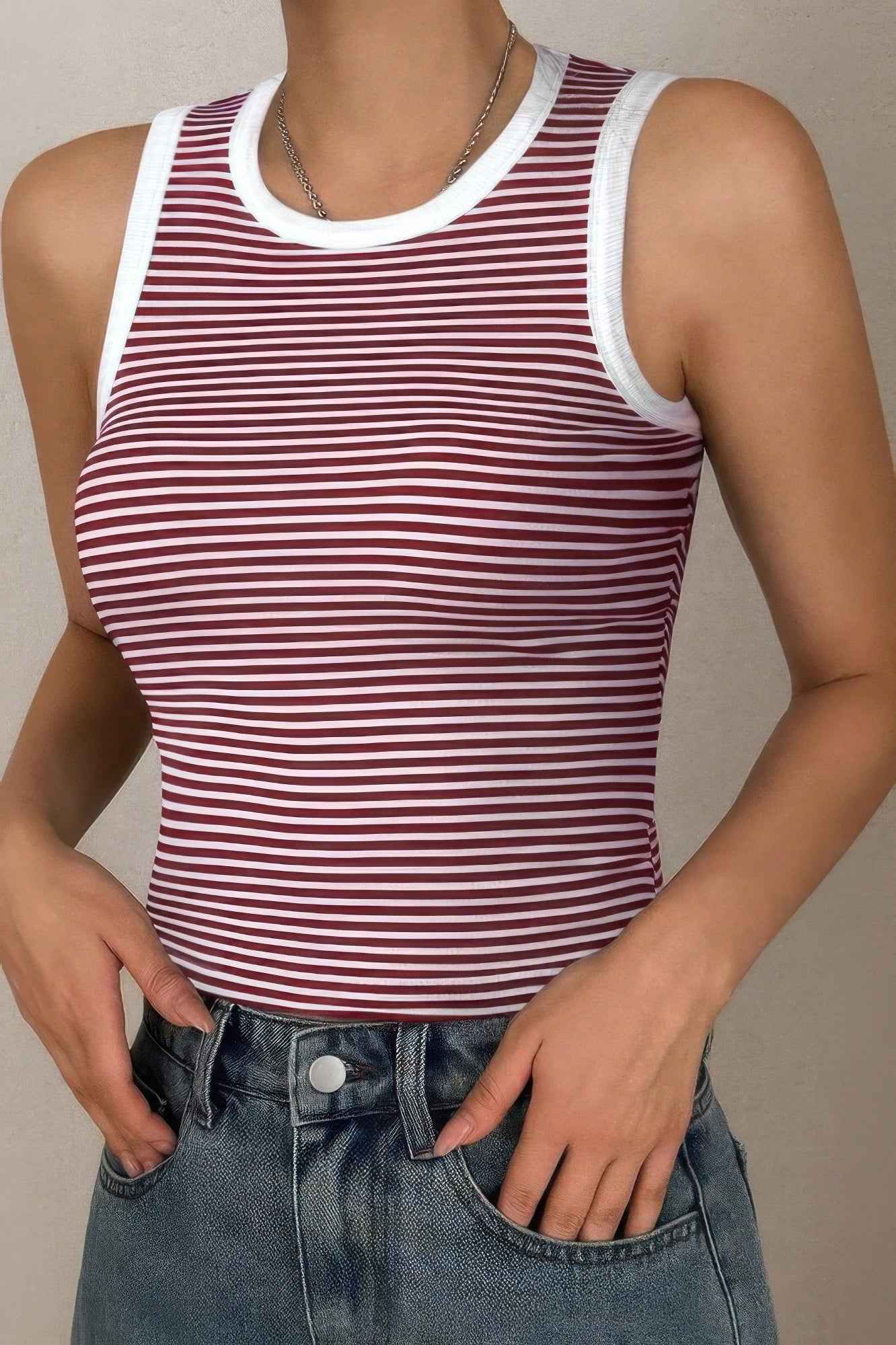 Striped Round Neck White Trim Crop Fitted Tank Top