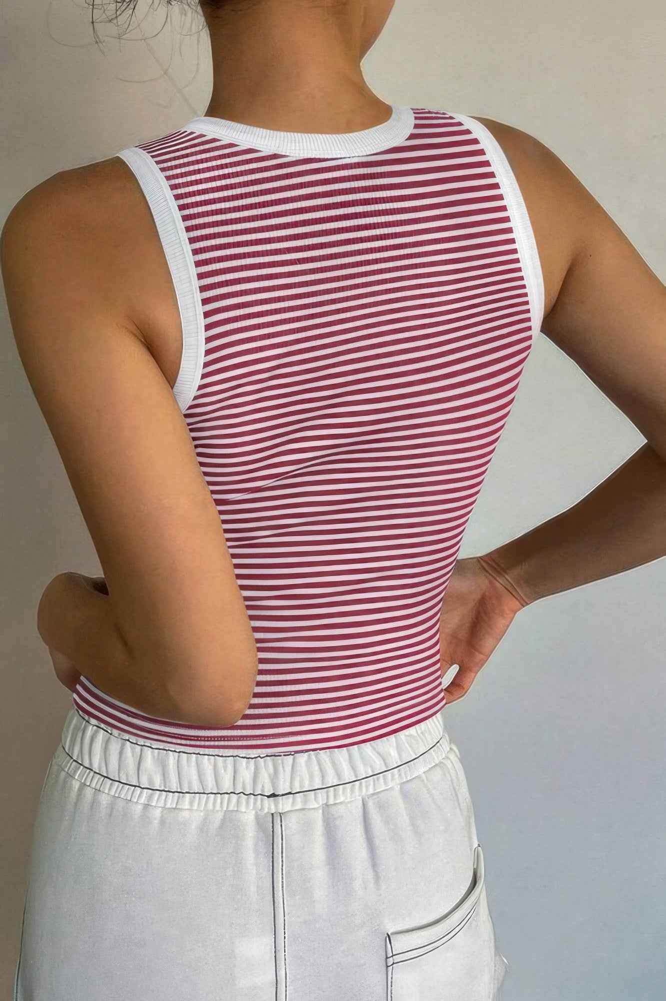 Striped Round Neck White Trim Crop Fitted Tank Top