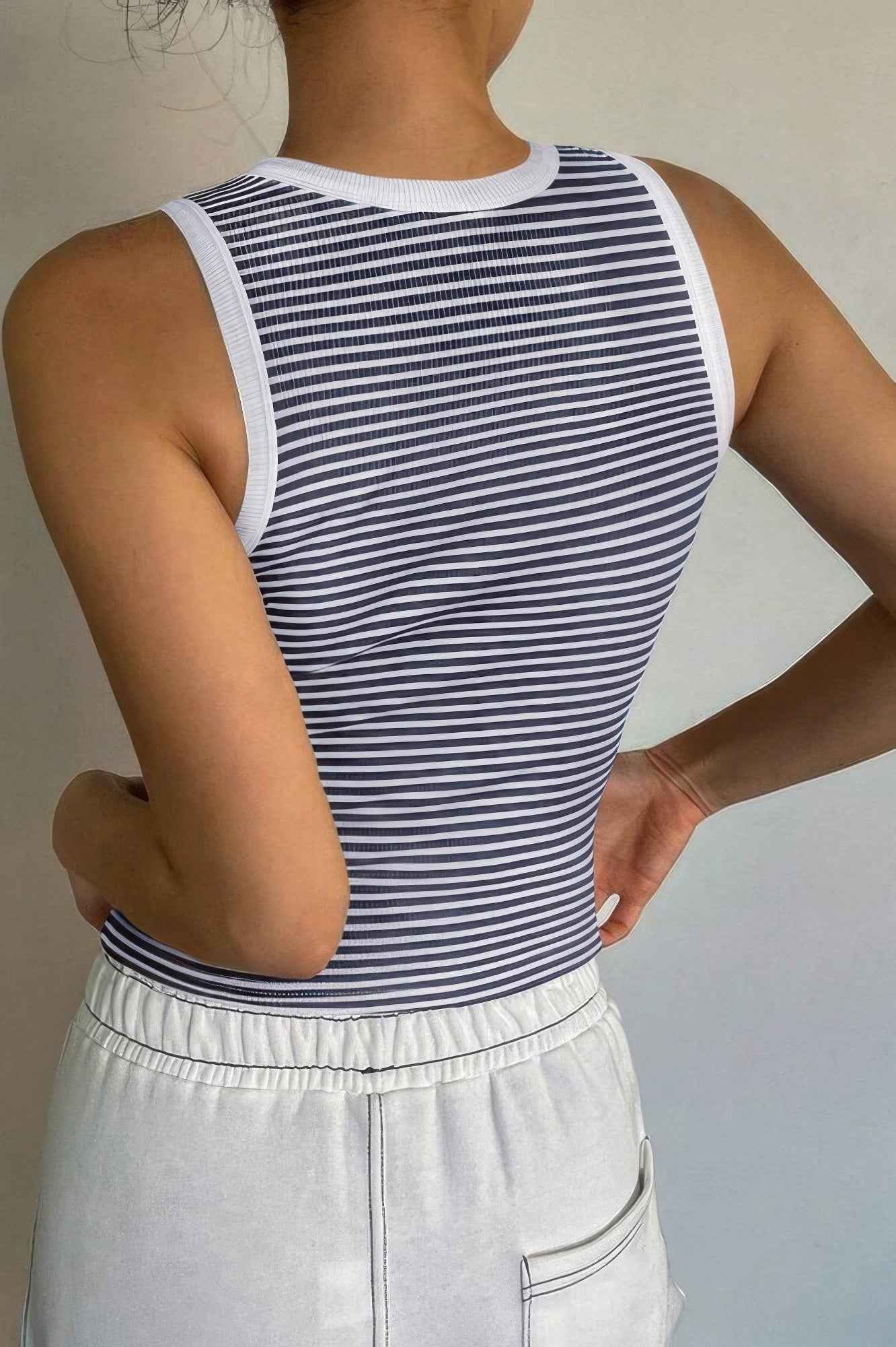 Striped Round Neck White Trim Crop Fitted Tank Top