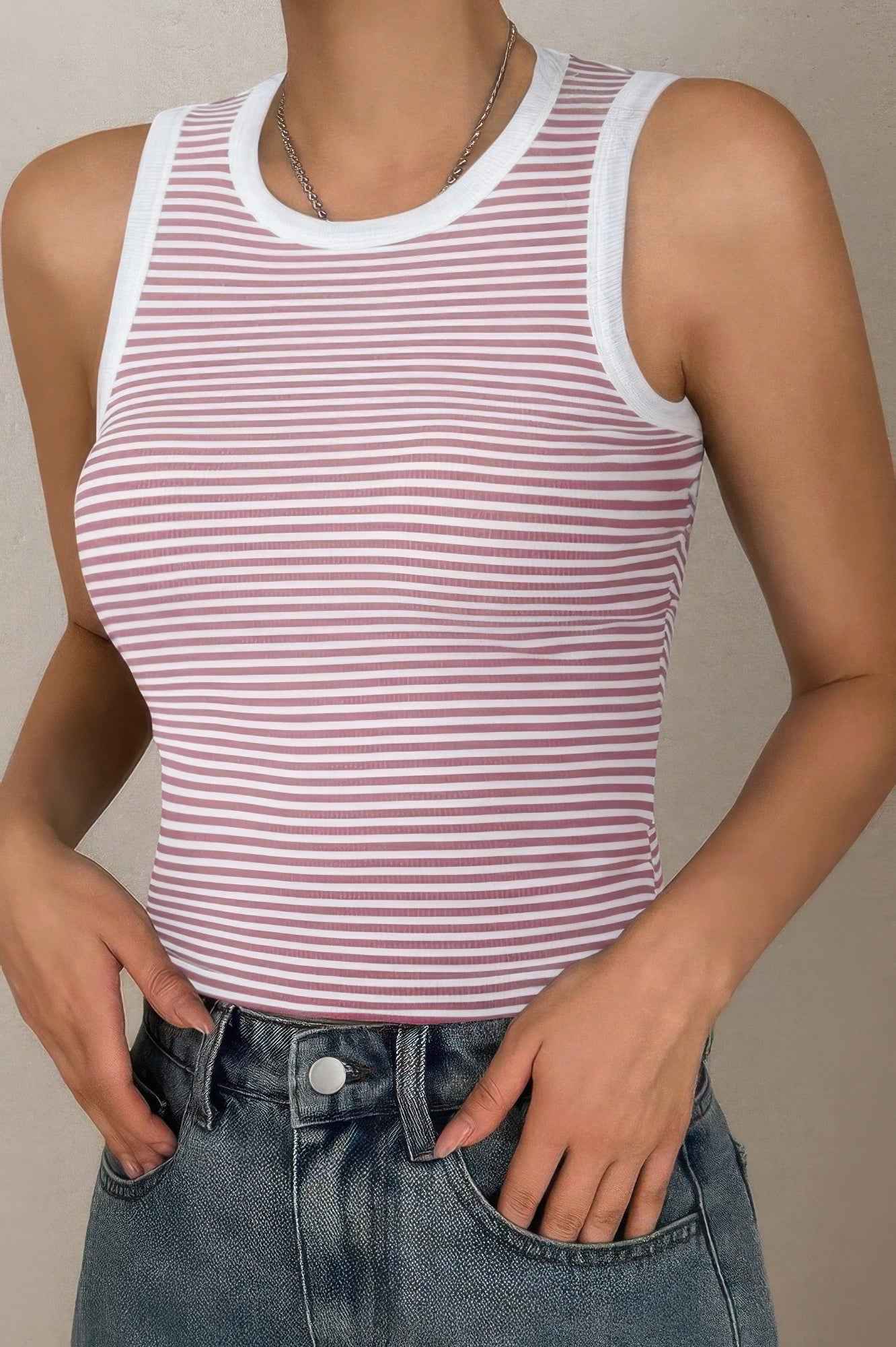 Striped Round Neck White Trim Crop Fitted Tank Top