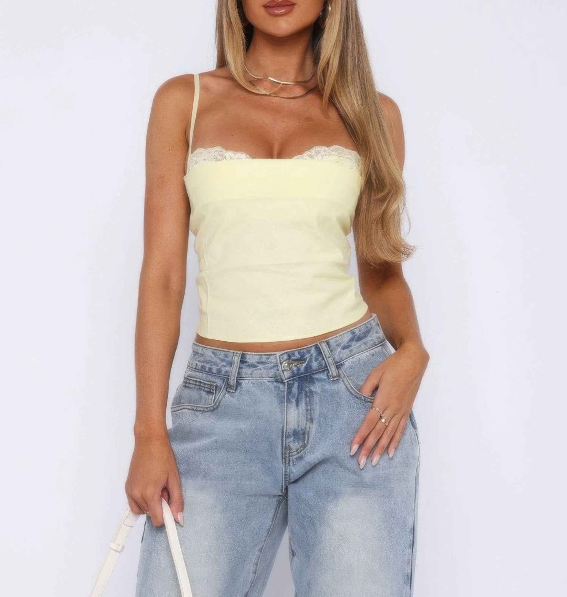 Solid Back Knot Lace Trim Sleeveless Shirt