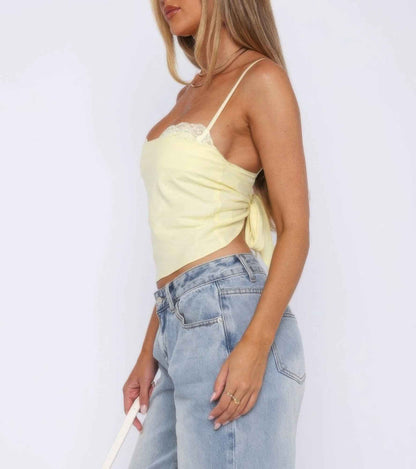 Solid Back Knot Lace Trim Sleeveless Shirt