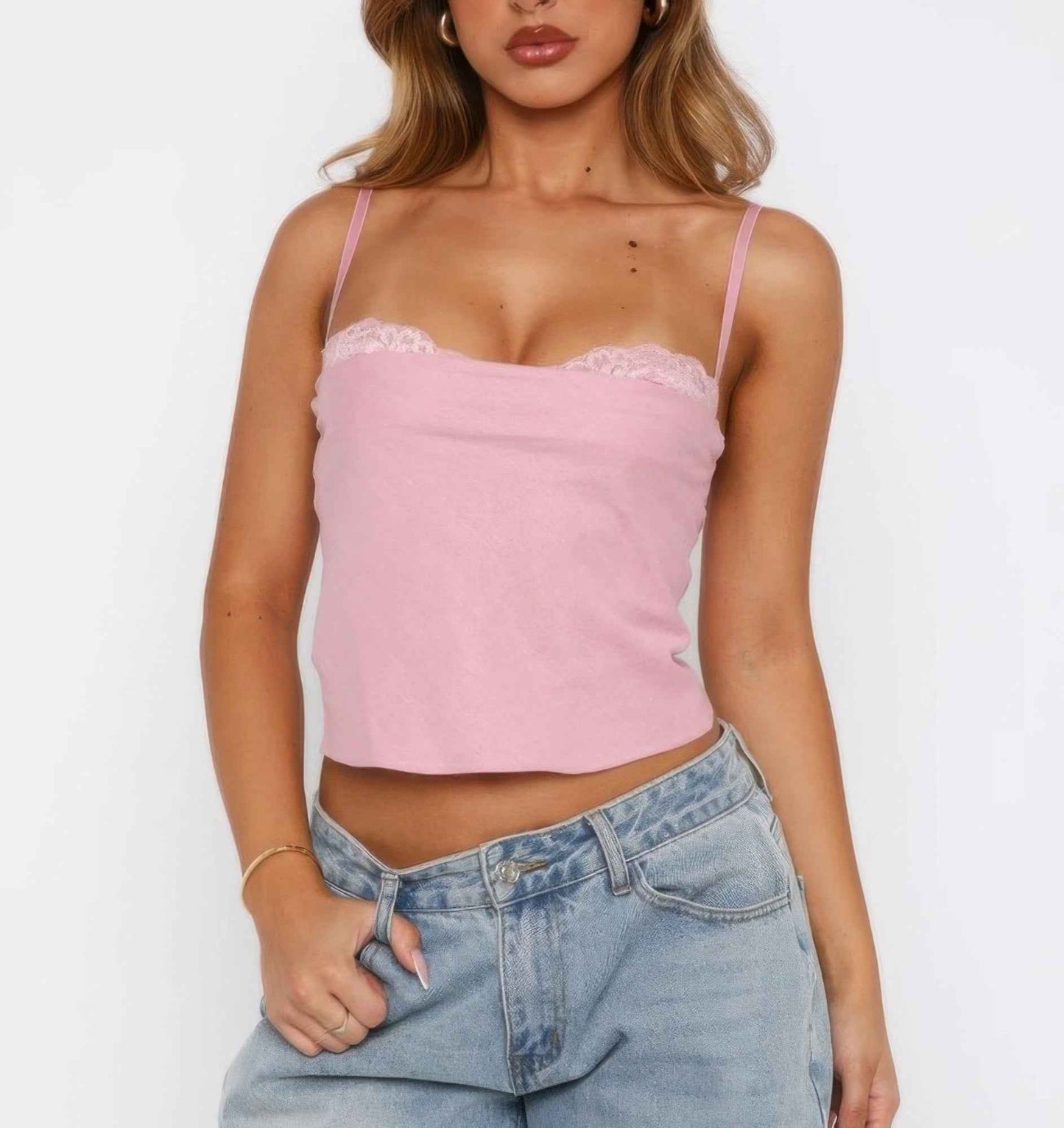 Solid Back Knot Lace Trim Sleeveless Shirt