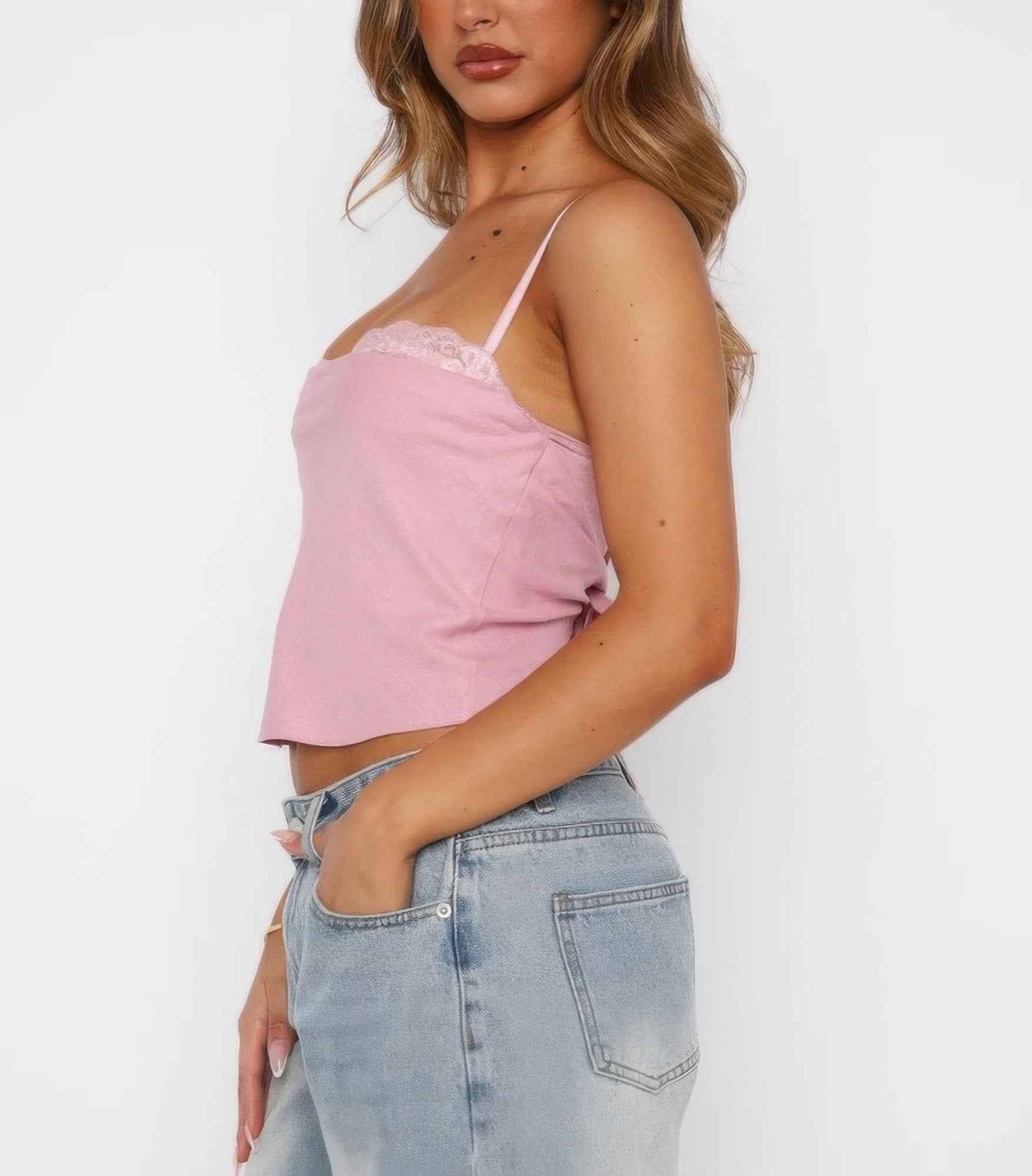 Solid Back Knot Lace Trim Sleeveless Shirt