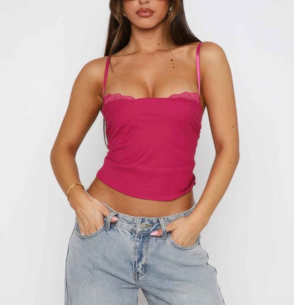 Solid Back Knot Lace Trim Sleeveless Shirt