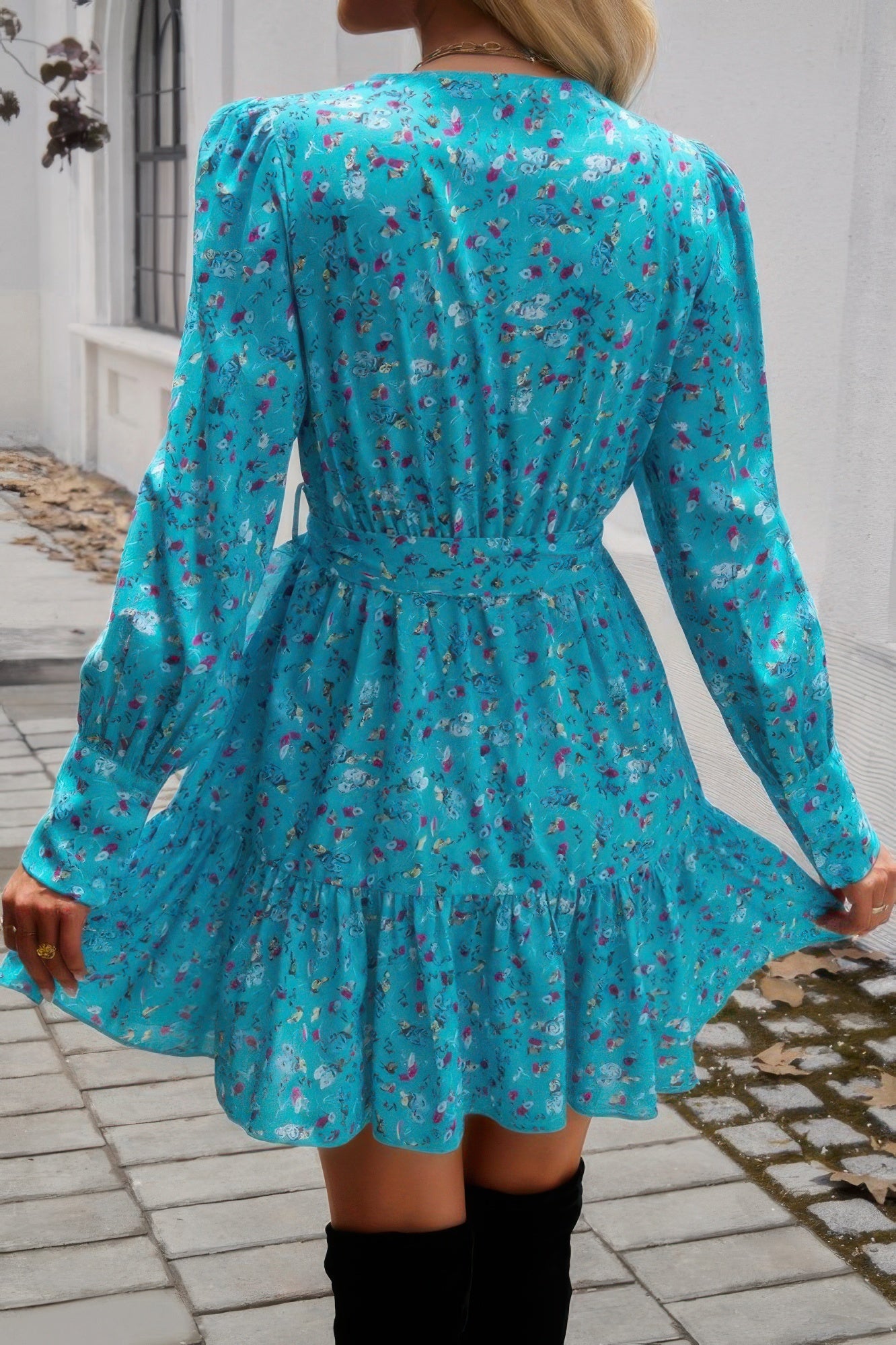 Ruffled Printed Surplice Long Sleeve Mini Dress - It's a Girly Place