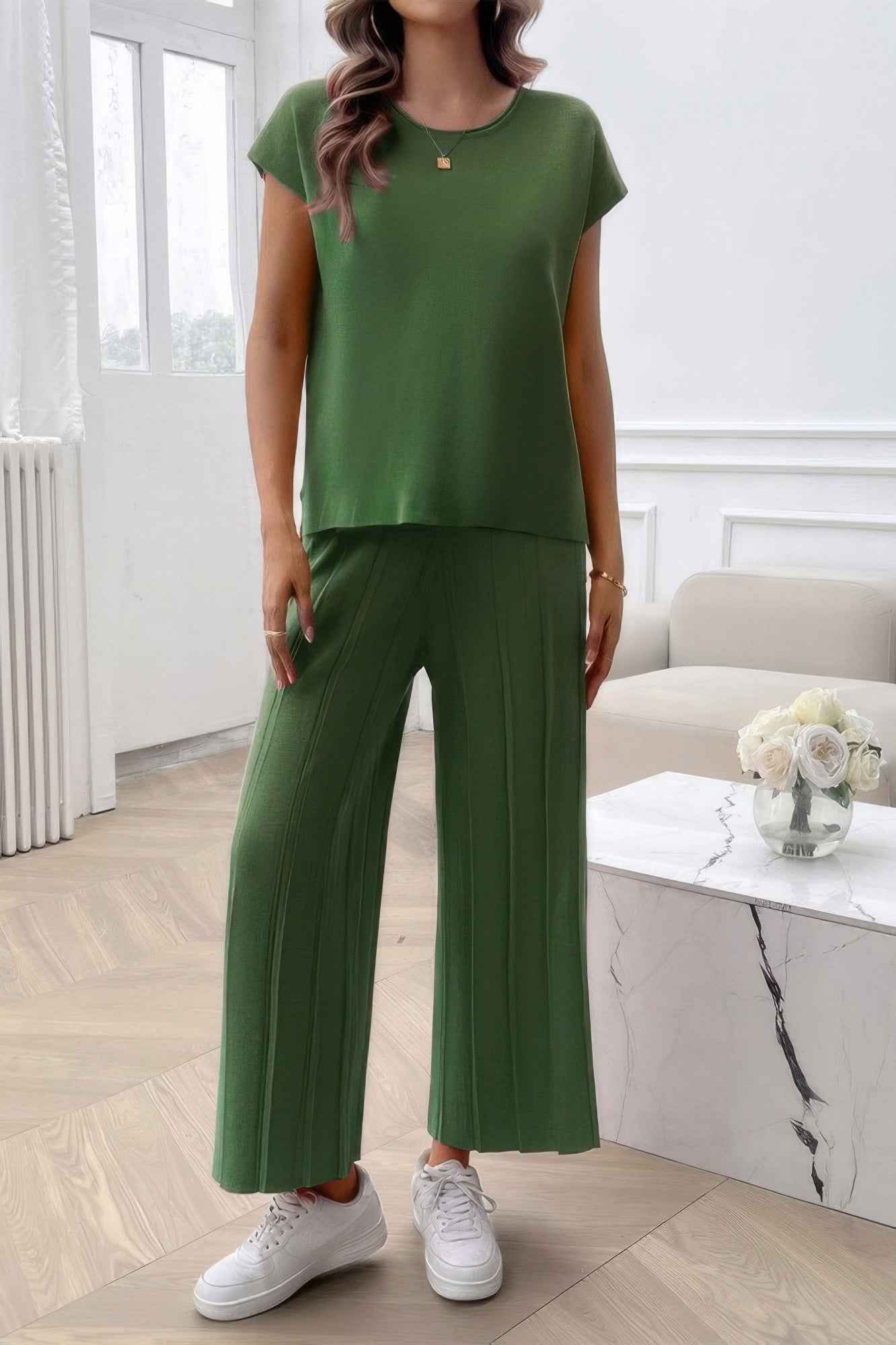 Two Pieces Short Sleeve Outfit Pullover Wide Leg Set