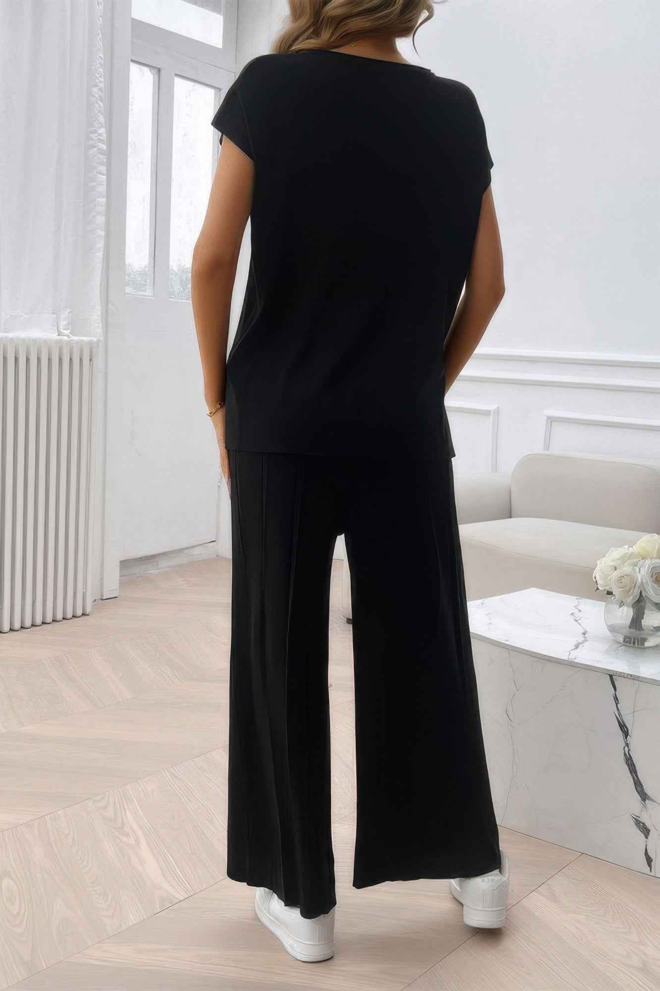 Two Pieces Short Sleeve Outfit Pullover Wide Leg Set