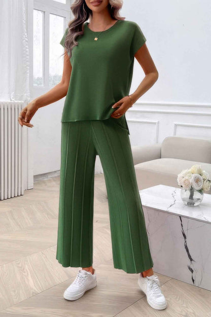 Two Pieces Short Sleeve Outfit Pullover Wide Leg Set