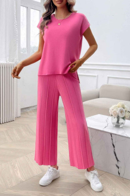 Two Pieces Short Sleeve Outfit Pullover Wide Leg Set