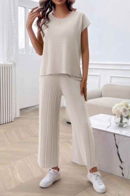 Two Pieces Short Sleeve Outfit Pullover Wide Leg Set