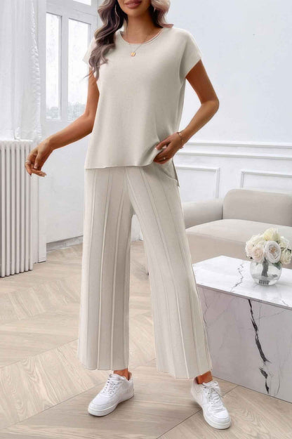 Two Pieces Short Sleeve Outfit Pullover Wide Leg Set