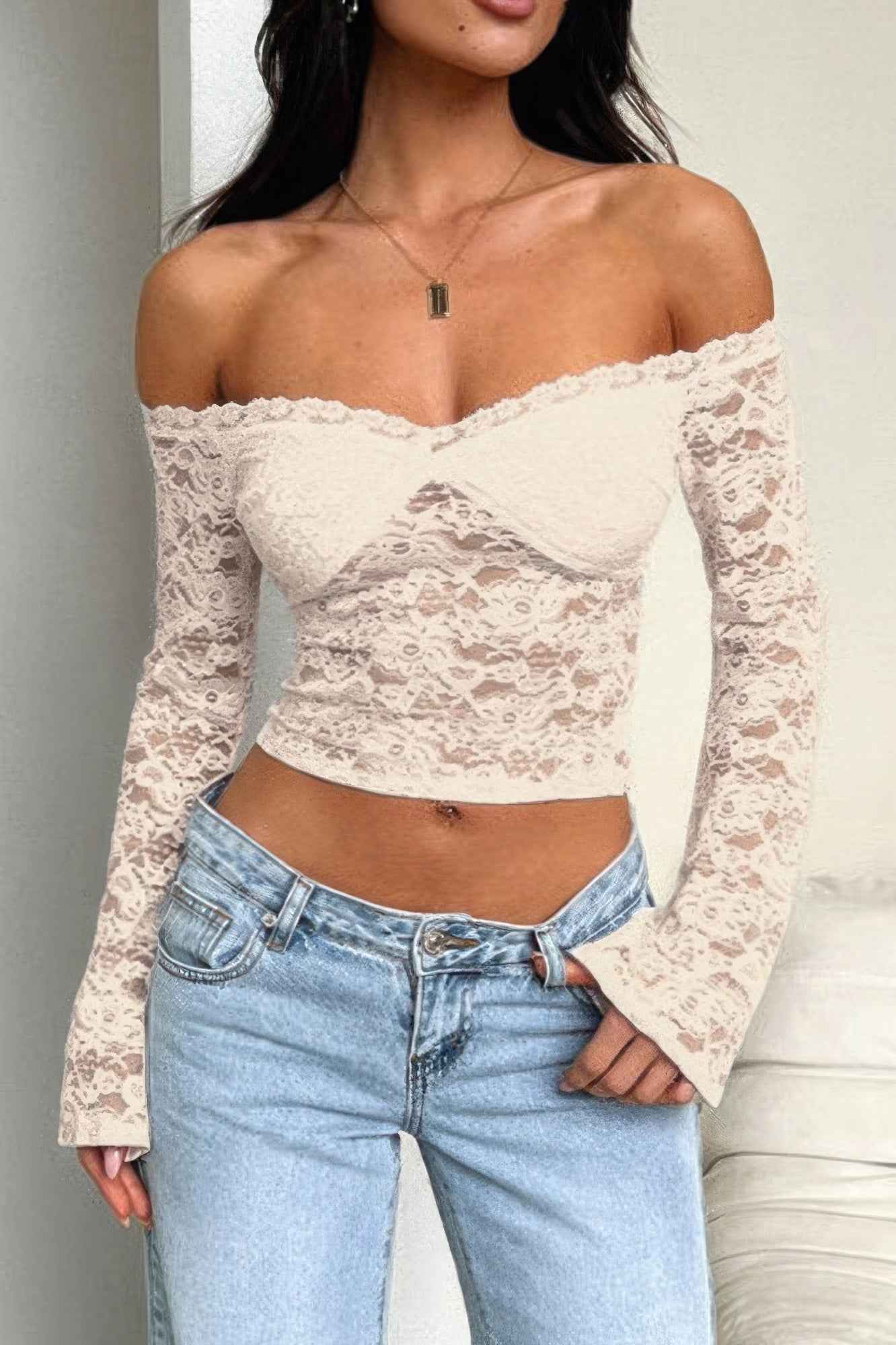 Off Shoulder Fitted Sheer Lace Long Sleeve Top