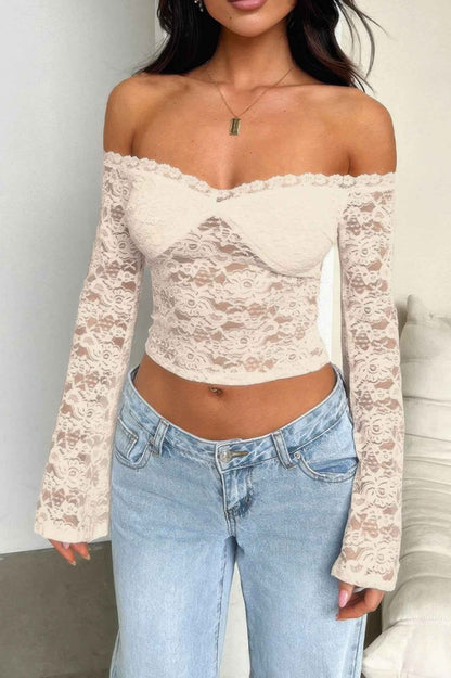 Off Shoulder Fitted Sheer Lace Long Sleeve Top