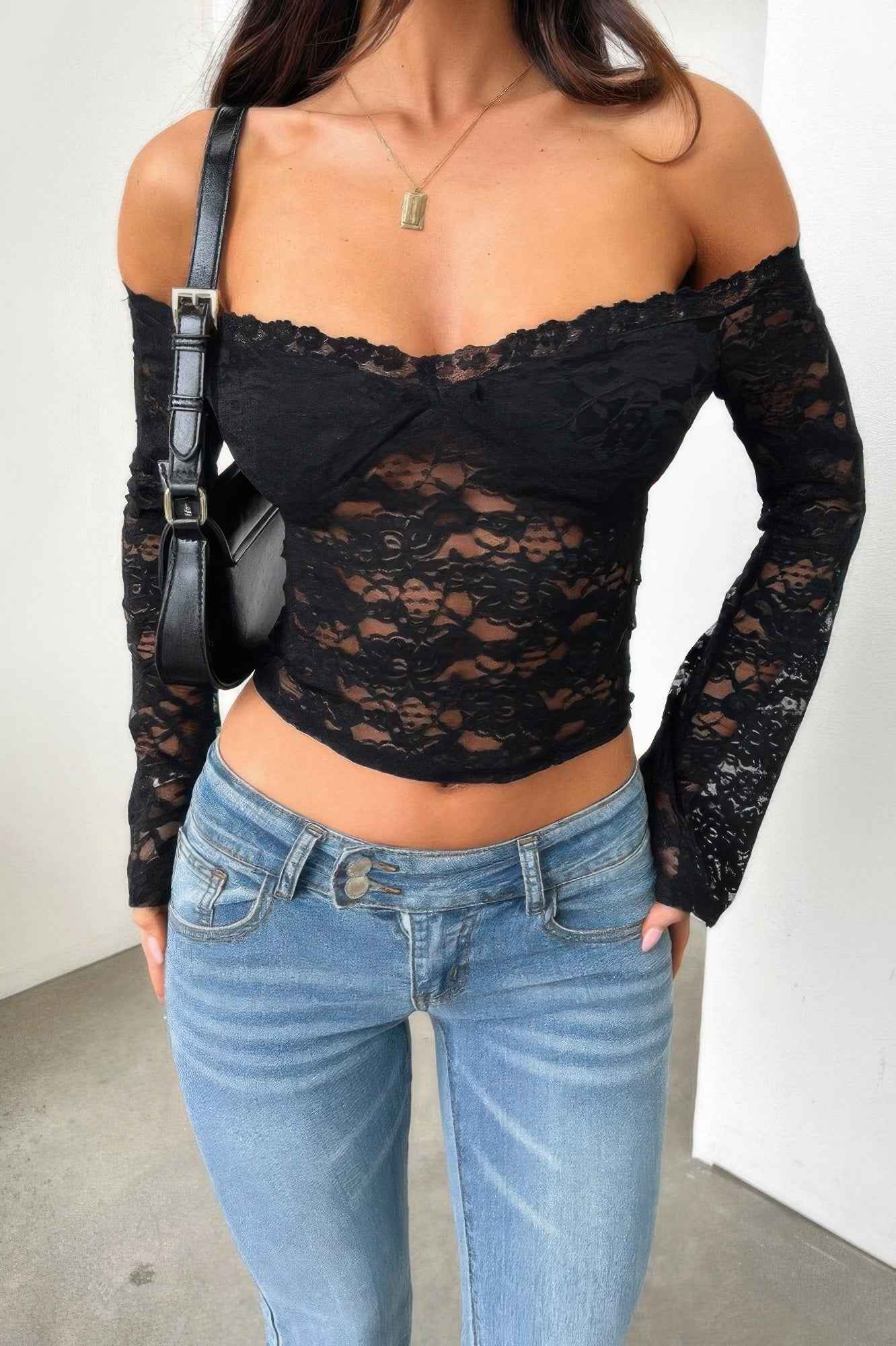 Off Shoulder Fitted Sheer Lace Long Sleeve Top