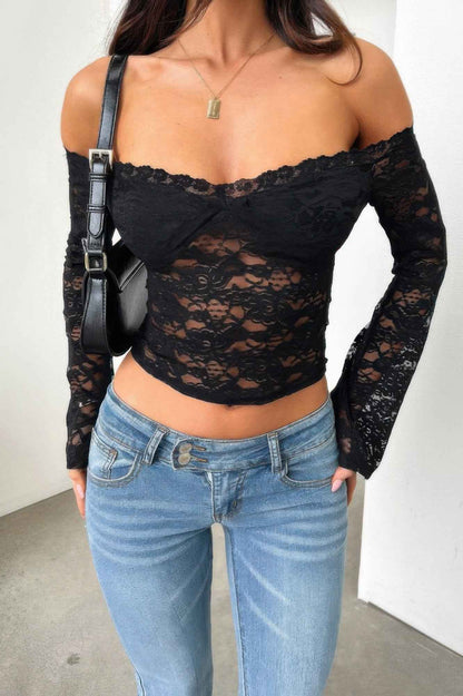 Off Shoulder Fitted Sheer Lace Long Sleeve Top