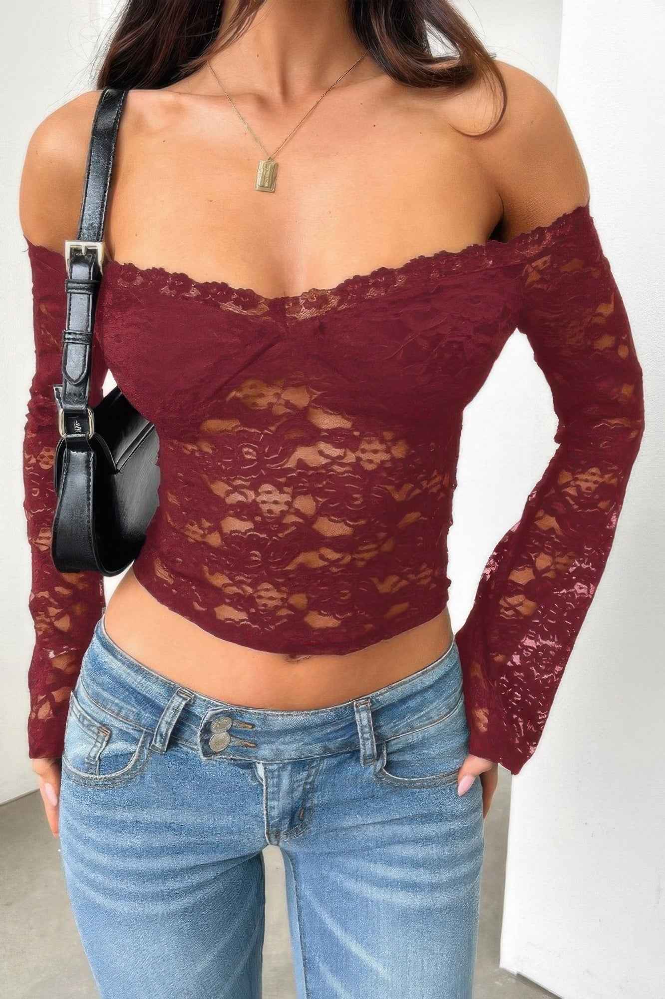 Off Shoulder Fitted Sheer Lace Long Sleeve Top