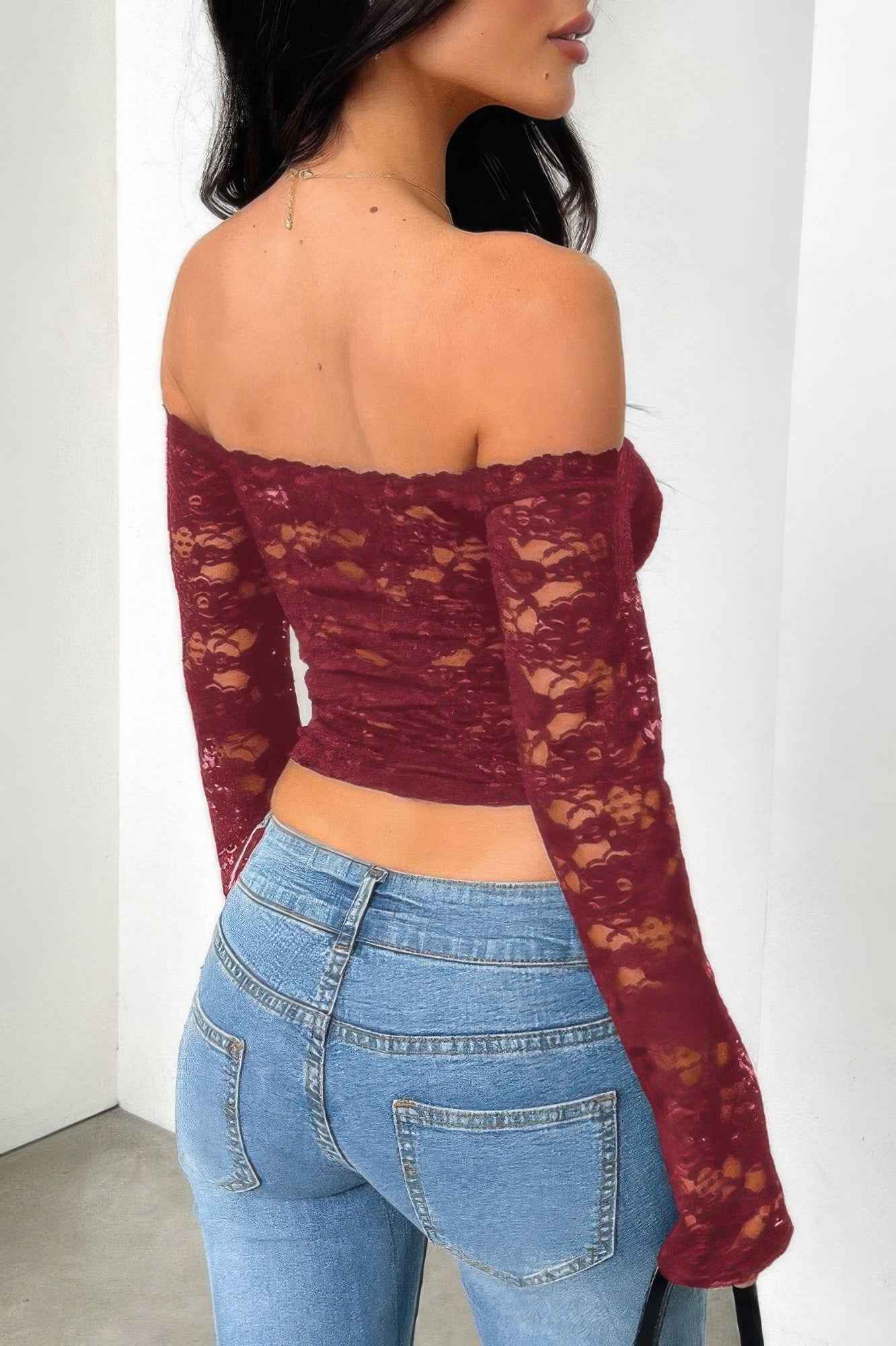 Off Shoulder Fitted Sheer Lace Long Sleeve Top