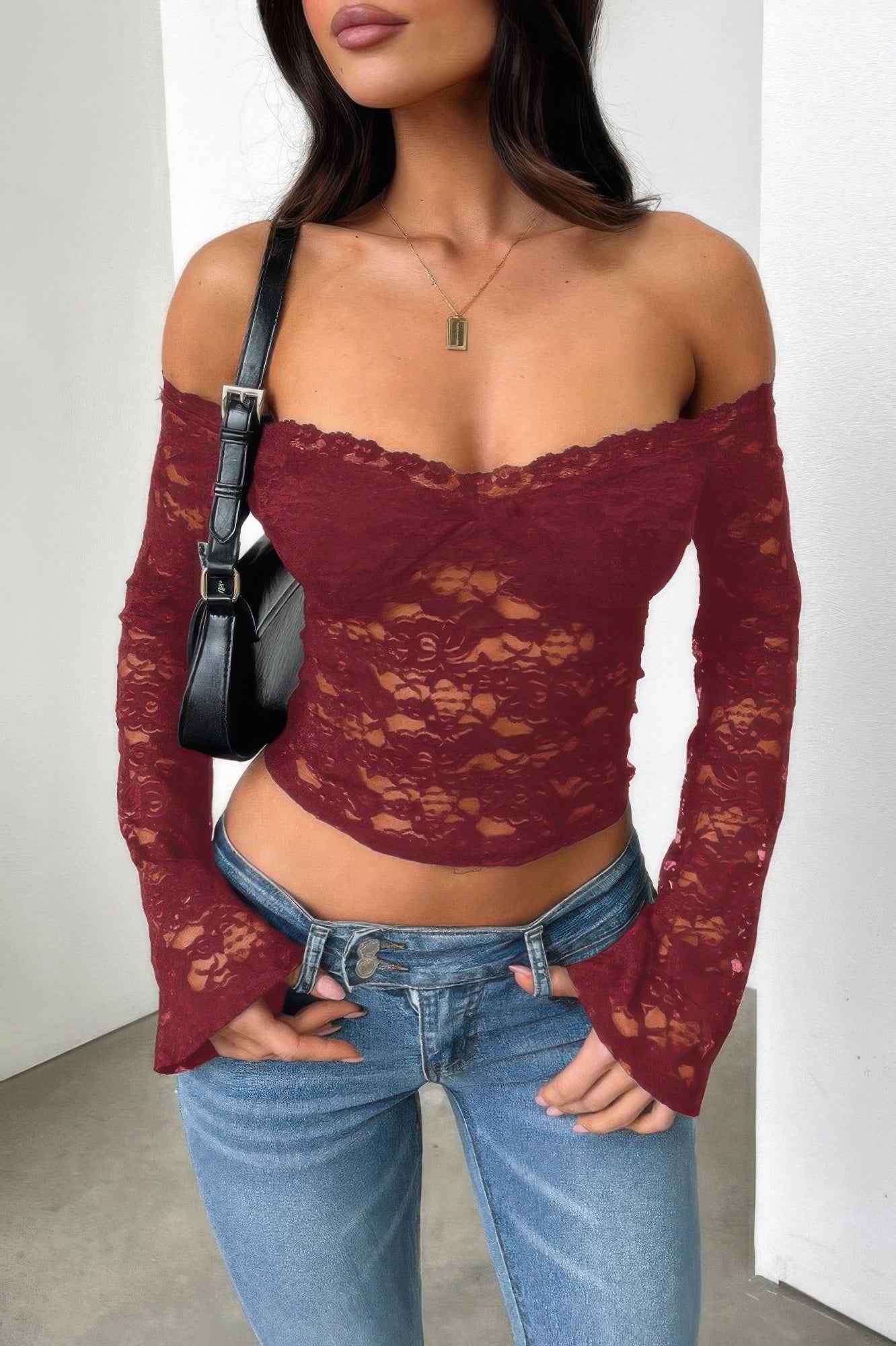 Off Shoulder Fitted Sheer Lace Long Sleeve Top