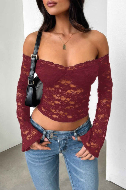 Off Shoulder Fitted Sheer Lace Long Sleeve Top