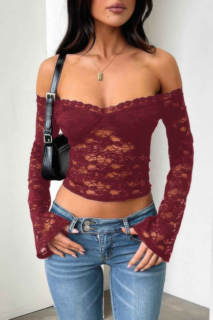 Off Shoulder Fitted Sheer Lace Long Sleeve Top