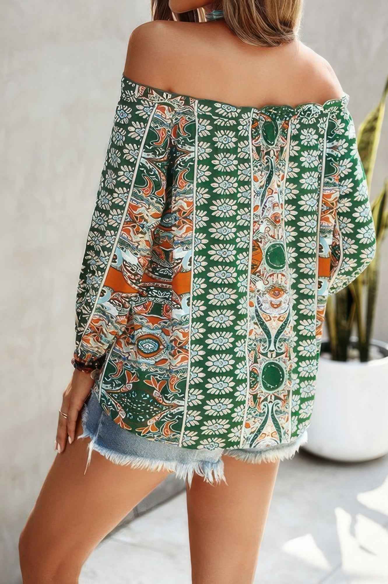 Boho Print Off Shoulder Long Sleeve Knot Front Blouse