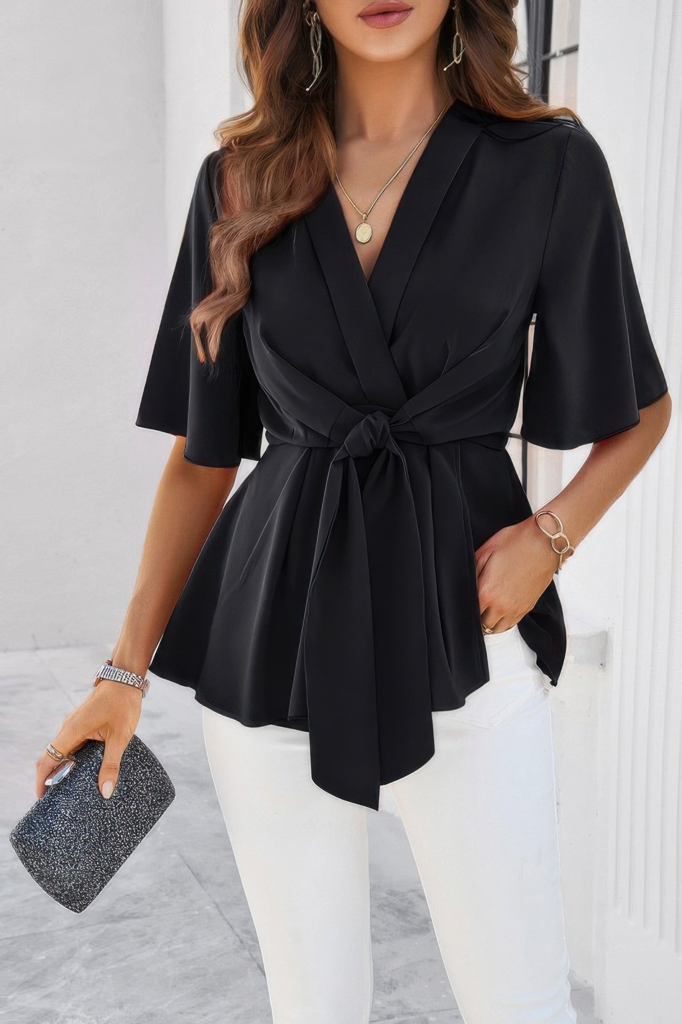 V Neck Peplum Tie Front Short Bell Sleeve Shirt - It's a Girly Place
